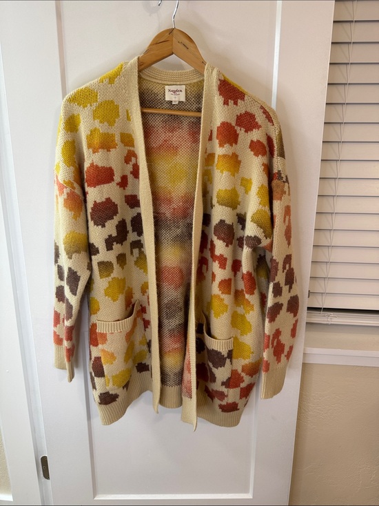 Hayden Los Angeles Sweaters - Open Front Cream Cardigan Yellow Orange Brown Spots Soft Knit Layering Piece